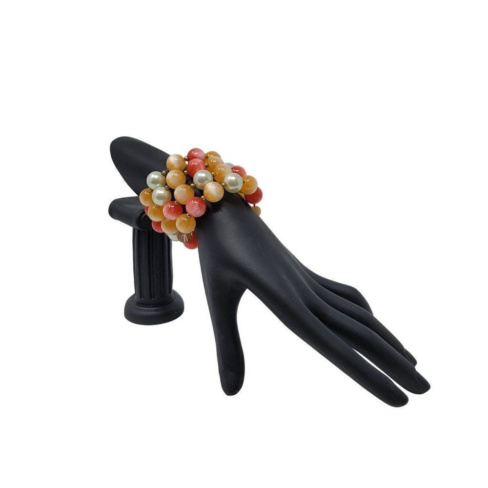 Vintage Stretch Wire Wrap Bracelet Faux Pearl Ombre Peach‎ Coral Gold Glam Gift